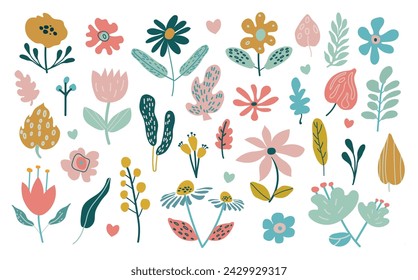 Isolated set with  spring flowers and leaves in flat style. Spring art print with botanical elements. Kids design, for fabric, wrapping, textile, wallpaper.