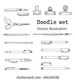 Isolated set of stationery in cartoon style. Sketch of writing items. Doodle writing supplies, pen, pencil, scissors Cool design elements for infographic, web design. Hand drawn office stuff. School