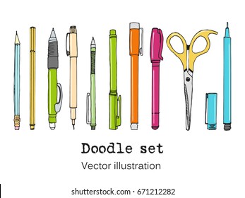 Isolated set of stationery hand drawn in cartoon style. Sketch of writing items. Doodle writing supplies, pen, pencil, scissors Cool design elements for infographic, web design, background. School