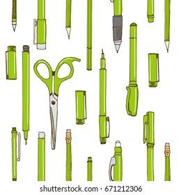 Isolated set of stationery hand drawn in cartoon style. Sketch of writing items. Doodle writing supplies, pen, pencil, scissors Cool design elements for infographic, web design, background. School