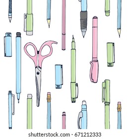 Isolated set of stationery hand drawn in cartoon style. Sketch of writing items. Doodle writing supplies, pen, pencil, scissors Cool design elements for infographic, web design, background. School