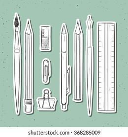Isolated set of stationery handmade in sketch style. Sketch of writing items. Writing items for design cards and posters, collage and presentations, web design, background. Retro design. Vintage style