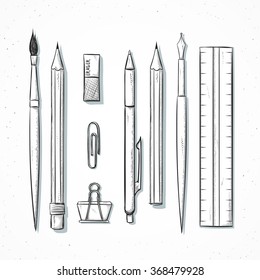 Isolated set of stationery handmade in sketch style. Sketch of writing items. Stationery set , pen , ruler, pencil, brush, trowel, clip , line in sketch style.  Retro design. Vintage style