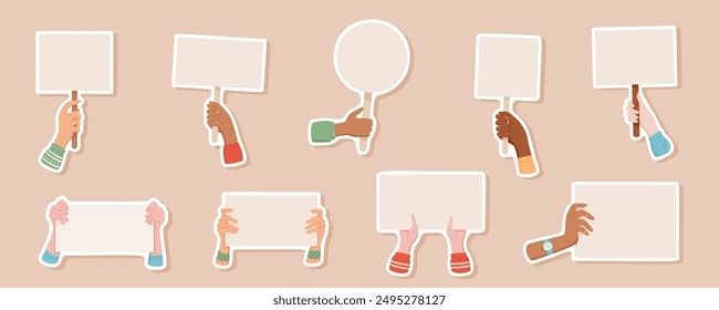 Isolated set of stickers with hands hold signs and banners, man holding empowerment placard, hand holds protest signboard, human hold demonstration banner, right activist show up strike poster