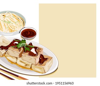 Isolated set of Stinky tofu in a dish and a bowl of noodles. The famous menu in China night market. Close up asian. Realistic food vector illustration on white background. 