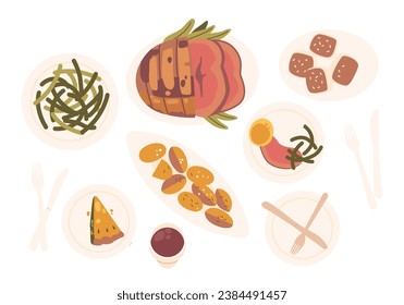 Isolated Set of Sumptuous Array Of Dishes, Meat, Potato, Pie and Dessert, Awaited Hungry Guests, Vector Illustration
