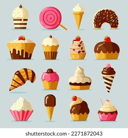 Isolated set of sweets. Sweet cupcakes, ice cream, lollipop. Stylized homemade desserts, strawberry vanilla and chocolate cupcakes, sugar cream cakes. Illustration in a cartoon flat style.