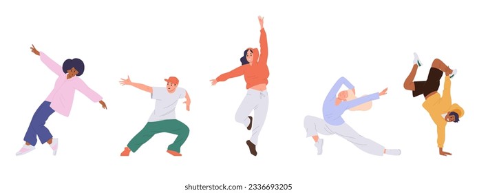 Isolated set of teenager breakdancer, young bboy and female hiphop dancer cartoon character svg