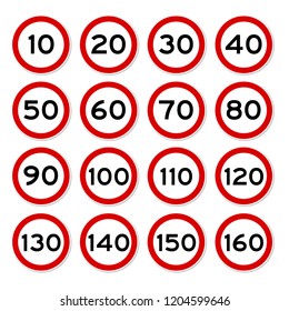 isolated set of ten to one hundred sixty speed limit transportation sign. flat vector design