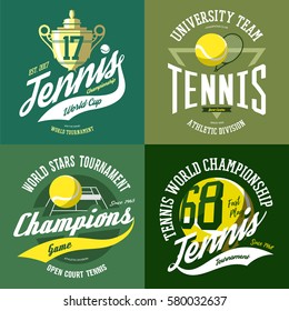 Isolated set of tennis icons with ball and trophy or cup, net on court or field and rack or racquet. T-shirt print or emblem, cloth branding or sport league advertising.Competition, sport league theme