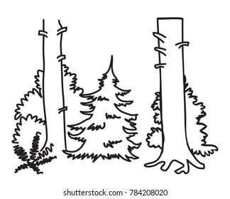 Isolated set of trees or forrest on White Background. Black ink. Silhouettes. 