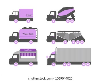 Isolated set of trucks. Delivery, water tank, food truck, cement, banana cement and cargo trucks. Side view of trucks.