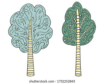 An isolated set of two ornamental trees stylized in Scandinavian style in green and yellow colors on a white background. Woody Organic Clip Art for Graphic Design. Vector.