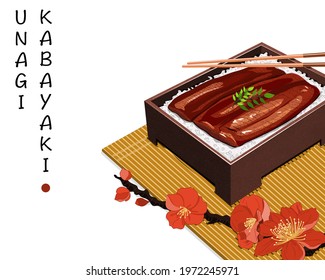 Isolated set of Unagi Kabayaki Japanese Eel Grilled with sweet sauce  on traditional bamboo plate mat. Bento box with red flower decoration. Asian Food drawing vector illustration  