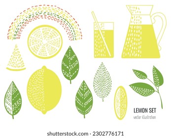 Isolated set of vector hand drawn lemon, jug of juice. Summer citrus pattern Fruit print. Sketch Exotic tropical juicy fruit, lemon with leaves. Vector cartoon simple style illustration. Funny Doodle 