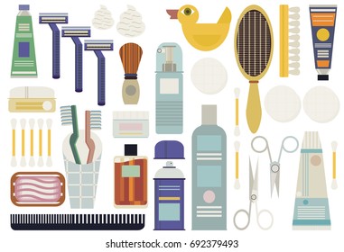 Isolated set vector with objects of the barbershop and body care for men. Shaving tools, washcloth, soap, toothbrush, cotton wool, ear wax, hairbrush, cream, brushes, shaving foam, scissors for nails.