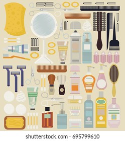 Isolated set vector with objects of the barbershop and body care for men. Shaving tools, washcloth, soap, toothbrush, cotton wool, ear wax, hairbrush, cream, brushes, shaving foam, scissors for nails.