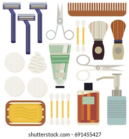 Isolated set vector with  objects of the bathroom and body care for men. Shaving tools, washcloth, soap, toothbrush, cotton wool, ear wax, hairbrush, cream, brushes, shaving foam, scissors for nails.