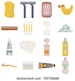 Isolated set vector with objects of the bathroom and body care for men. Shaving tools, washcloth, soap, toothbrush, cotton wool, ear wax, hairbrush, cream, brushes, shaving foam, scissors for nails.