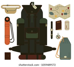 A isolated set of vintage travel bags, backpacks, cases and travel items - passport, tickets, card, compass,  watch. Illustrations flat isometric icons for traveling, hiking, flying, resting, vacation