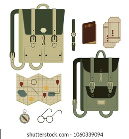 Isolated set of vintage travel bags, backpacks, and travel items - passport, tickets, card, compass, glasses, watch. Illustrations flat isometric icons for traveling, hiking, flying, resting, vacation