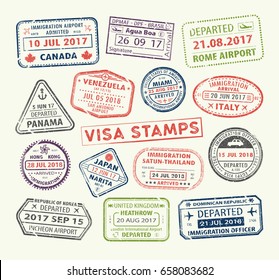 Isolated set of visa passport stamp for travel to Canada or USA, Uk or China, Venezuela or Dominican republic, Japan or Egypt, Korea or Brasil, Italy or Tailand. Tourism icon. Airport sign. Vector.