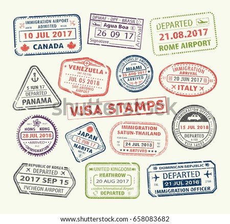 Isolated set of visa passport stamp for travel to Canada or USA, Uk or China, Venezuela or Dominican republic, Japan or Egypt, Korea or Brasil, Italy or Tailand. Tourism icon. Airport sign. Vector.