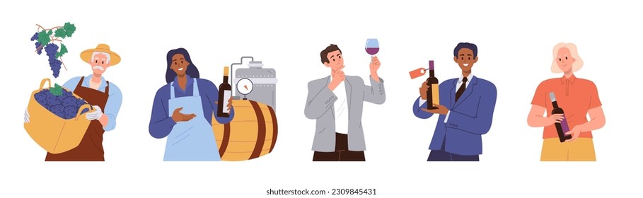 Conjunto aislado de productores de vino personajes de dibujos animados cosechando, produciendo y vendiendo bebidas