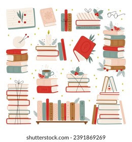 Isolated set of winter holidays Christmas books folded in stack or on wooden shelves, wrapped for gift surprise. Reading hobby leisure activity during wintertime vacation vector illustration