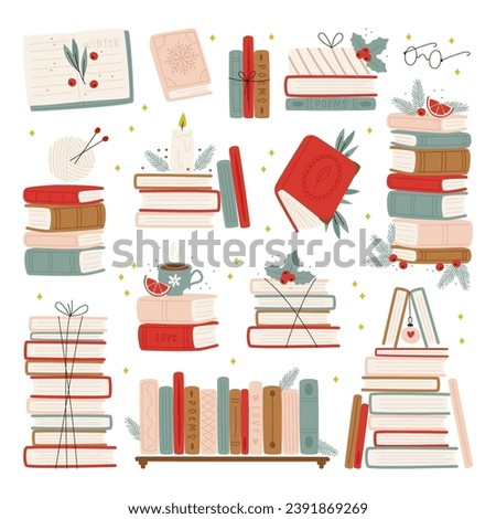 Isolated set of winter holidays Christmas books folded in stack or on wooden shelves, wrapped for gift surprise. Reading hobby leisure activity during wintertime vacation vector illustration