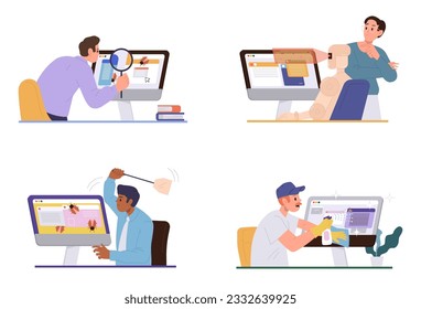 Isolated set of woman and man programmer QA engineer checking software errors, catching bugs