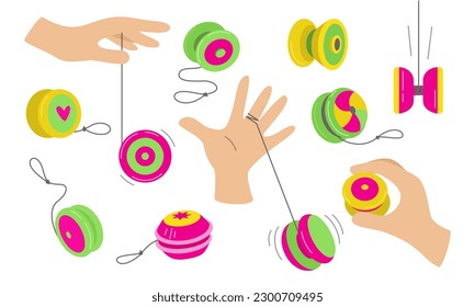 Isolated set of yo yo toys on a white background. The hand is playing with a toy. Fun and play. Vector flat illustration