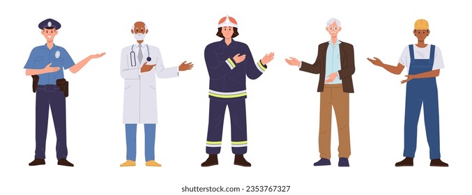 Isolated set of young adult people cartoon character with different profession on white background