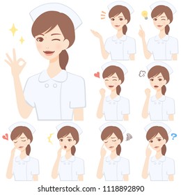 Isolated set of young nurse flat style avatar expressions