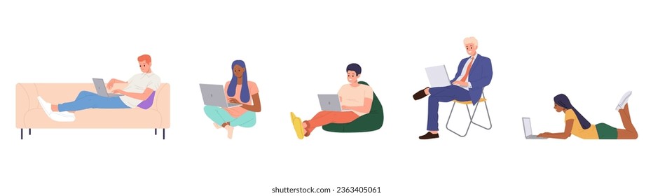 Conjunto aislado de jóvenes independientes, estudiantes, hombres de negocios que usan laptops para trabajo y estudio en línea