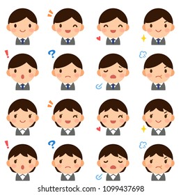 Isolated set of young suit man & woman flat style avatar expressions