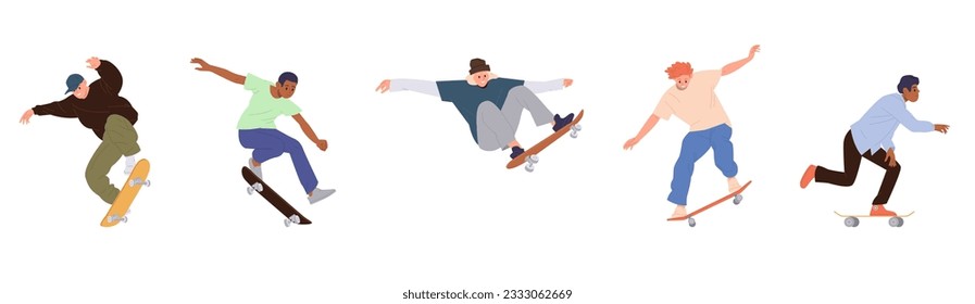 Isolated set of young teenager skateboarders character performing stunts speed riding on longboard