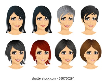 isolated set of young woman avatar with different hairstyles