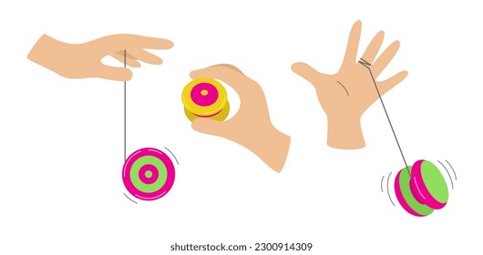 Isolated set of yo-yo toys in hand on a white background. Playing with a toy. Fun and play. Vector flat illustration