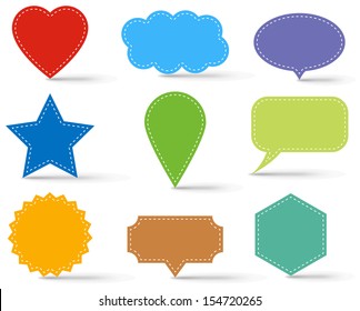 Isolated, several colorized banner collection with sewing and shadow on light background.
