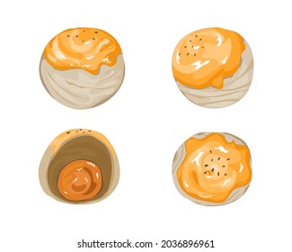 Isolated Shanghai mooncake in different view on white background . Hand drawing vector illustration. Authentic Asian food and snack.
