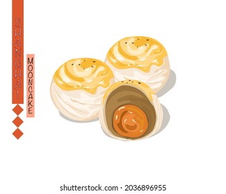 Isolated Shanghai mooncake whole and half with salt egg yolk and bean favour on white background. Mid autumn festival, asian culture vector illustration.