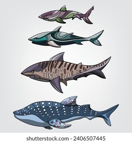 Tiburones aislados sobre un simple diseño de caricaturas de fondo blanco. 