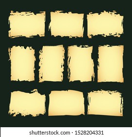 Isolated Sheet set of antique or old paper template. Horizontal and vertical blank ancient manuscript, obsolete papyrus. Vector vintage grunge burnt paper with copyspace