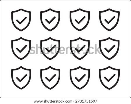 Isolated shield check mark icon set, shield check mark icon grid, security, protect, verified, safety, minimal flat vector, simple shapes, outline, black icons, professional UI, high resolution,design