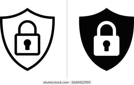 Ícones isolados de cadeado de escudo, representando conceitos de segurança em preto e branco contra um pano de fundo transparente, mostrando formas gráficas abstratas.