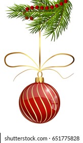 isolated shine christmas ball, red sphere on string with bow, red bauble hang on branch