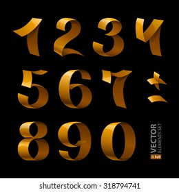 Isolated shiny golden ribbon numbers on black background. RGB EPS 10 vector elements set