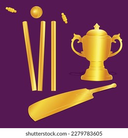 isolated shiny golden trophy, bat, stumps and ball realistic vector. cricket event celebration web banner, poster, design.