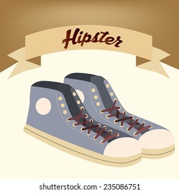 isolated shoes on a colored background with a ribbon with text